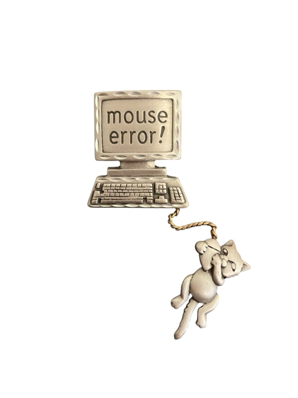 Vintage JJ Pewter Mouse Error Computer Cat Brooch Pin Silver Tone Novelty Retro